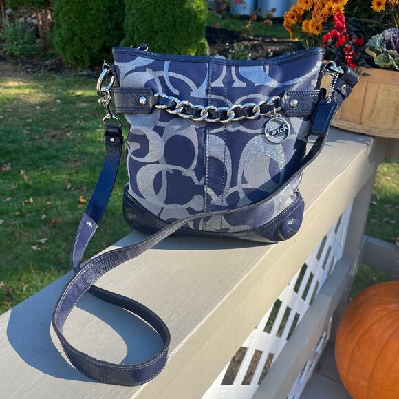 COACH Signature Optic Chain Bag, Navy Blue & Silver SHIMMER! - Picture 4 of 11